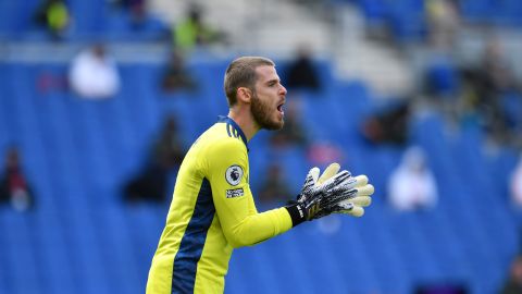 David de Gea durante un partido entre el Brighton Hove Albion y el Manchester United en 2020.