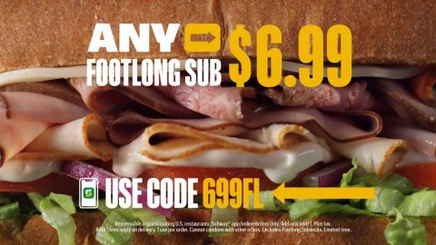 Desde el 26 de agosto hasta el 8 de septiembre, los huéspedes pueden pedir cualquier sub de un pie de largo del menú por solo $6,99 usando el código de promoción 699FL en la aplicación Subway o Subway.com.