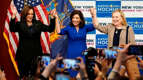 Vice President Kamala Harris, left, New York Gov. Kathy Hochul, center, and former Secretary of State Hillary Clinton, stand together on stage during a campaign event for Hochul, Thursday, Nov. 3, 2022, at Barnard College in New York. (AP Photo/Mary Altaffer)