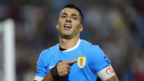 Luis Suárez celebra su gol en el partido por el tercer lugar de la Copa América 2024 entre Uruguay y Canadá.