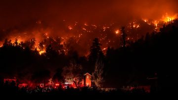 Se ven camiones de bomberos alrededor de un edificio mientras los árboles quemados arden durante el incendio en California,.