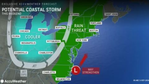 El gráfico muestra una posible tormenta a lo largo de la costa este durante el fin de semana que inicia el viernes 6 de septiembre.