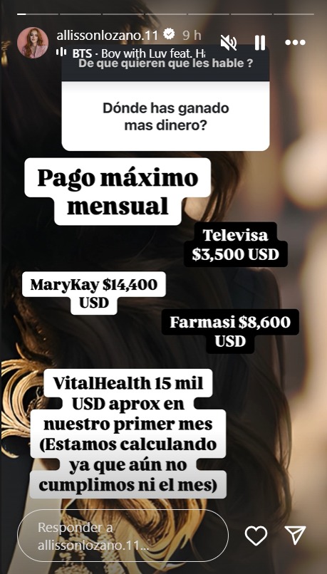 Allisson Lozz respondió a un usuario que deseaba conocer el ingreso económico que tiene. Foto Instagram: @allissonlozano.11.