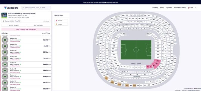 Captura de pantalla de la web Vivid Seats.