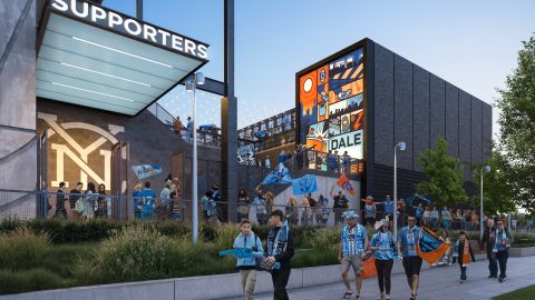 Imagen digital de cómo se verá una de las esquinas del futuro estadio del New York City FC en Willets Point, Queens.