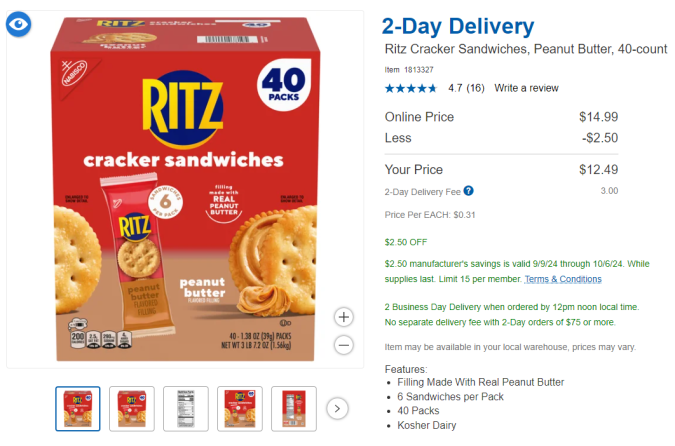 Las galletas Ritz, en promoción en la página web de Costco.