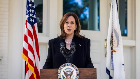 Kamala Harris en rueda de prensa este miércoles.