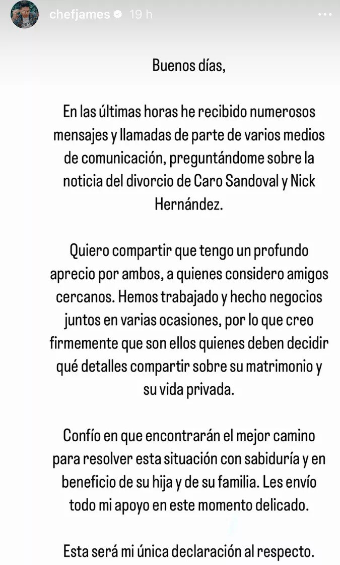 El venezolano chef James está afectado por la separación de sus amigos. | Foto: Instagram: @chefjames.