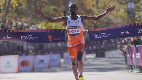 Abdi Nageeye, of the Netherlands, crosses the finish line to win the men's division of the New York City Marathon, Sunday, Nov. 3, 2024, in New York. (AP Photo/Frank Franklin II)