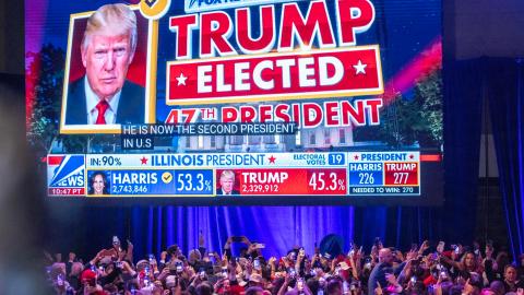 Seguidores del expresidente Donald Trump reaccionan a los resultados de las elecciones presidenciales estadounidenses de 2024.