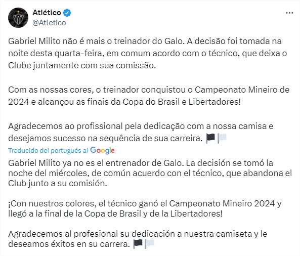 Tweet de la cuenta oficial del Atlético Mineiro.