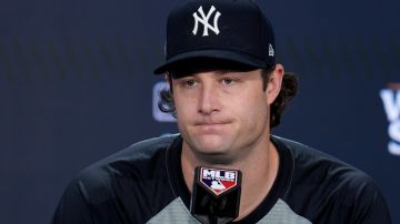 Gerrit Cole durante una conferencia de los Yankees en 2024.