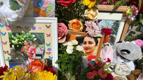 Flores, velas y fotografías se colocan cerca del buzón de Mamta Kafle Bhatt en Manassas Park, Virginia.