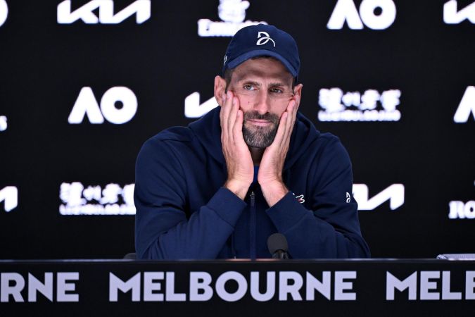 Novak Djokovic before the press after withdrawing from the Australian Open.