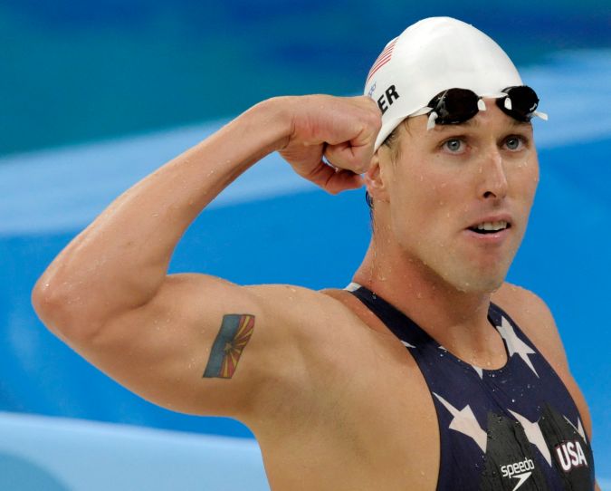 Klete Keller reacts after a heat of the men's 4x200 meter freestyle relay during the swimming competitions at the National Aquatics Center at the 2008 Beijing Olympic Games in Beijing.