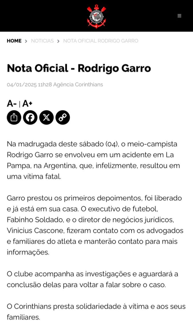 Comunicado del Corinthians en su página web sobre el caso de Rodrigo Garro. Foto; Captura de Pantalla.
