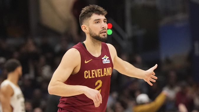 Cleveland Cavaliers guard Ty Jerome (2) gestures after scoring a three-point basket in the first half of an NBA basketball game against the New Orleans Pelicans, Wednesday, Nov. 20, 2024, in Cleveland.