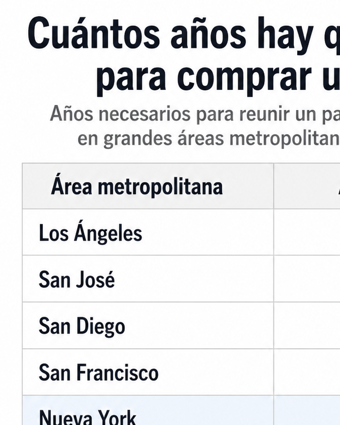 Tabla con las ciudades de EE.UU. donde más años se necesitan para ahorrar el pago inicial de una casa, con Nueva York destacada y datos de Zillow de agosto de 2026.