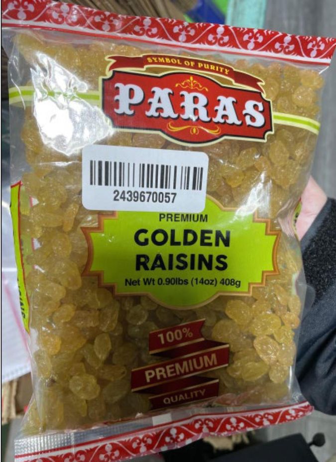 Laboratory analyzes revealed that “Paras Premium Golden Raisins” contain 56.8 milligrams of sulfites per serving.