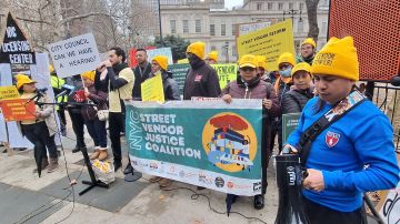 Comerciantes informales y activistas tomaron protestaron este jueves frente a la sede de la Alcaldía en el Bajo Manhattan.