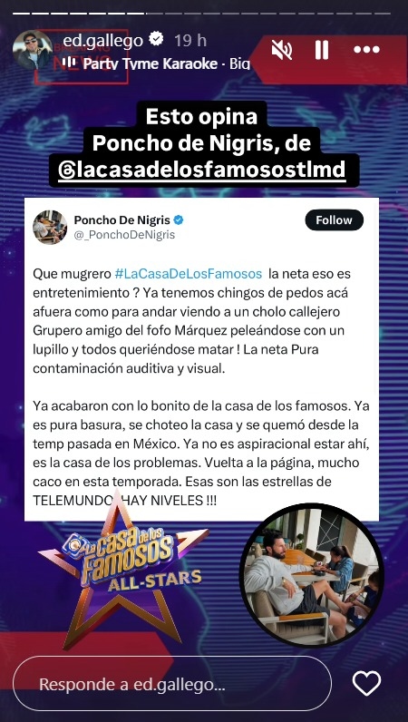 Poncho De Nigris se pronuncia en contra de 'La casa de los Famosos All Stars'. | Instagram: @ed.gallego.
