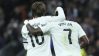 El delantero brasileño del Real Madrid Vinicius Junior (d) celebra el segundo gol de su equipo con Luka Modric. Santiago Bernabéu.