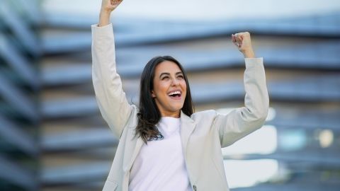 Business,Success,,Career,Achievement.,Joyful,Arabic,Business,Lady,Shaking,Arms