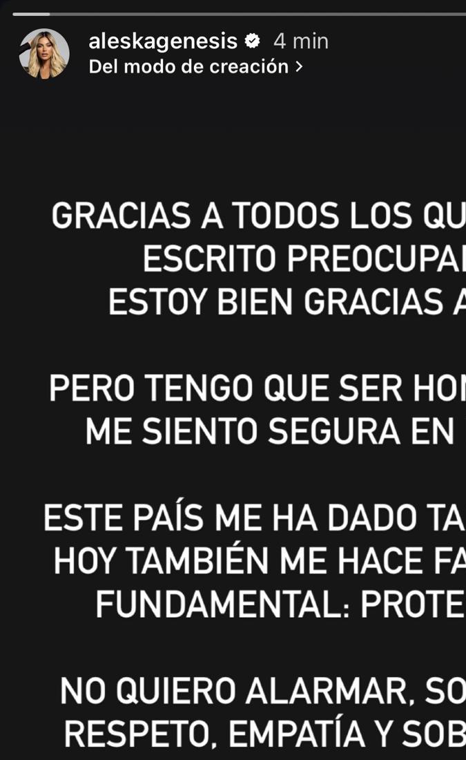 Aleska Génesis en horas de la noche envió un comunicado para aclarar que está bien. | Instagram: @aleskagenesis.