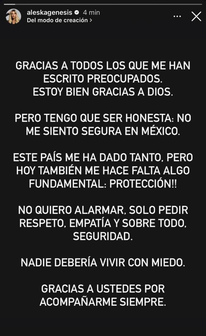 Aleska Génesis en horas de la noche envió un comunicado para aclarar que está bien. | Instagram: @aleskagenesis.