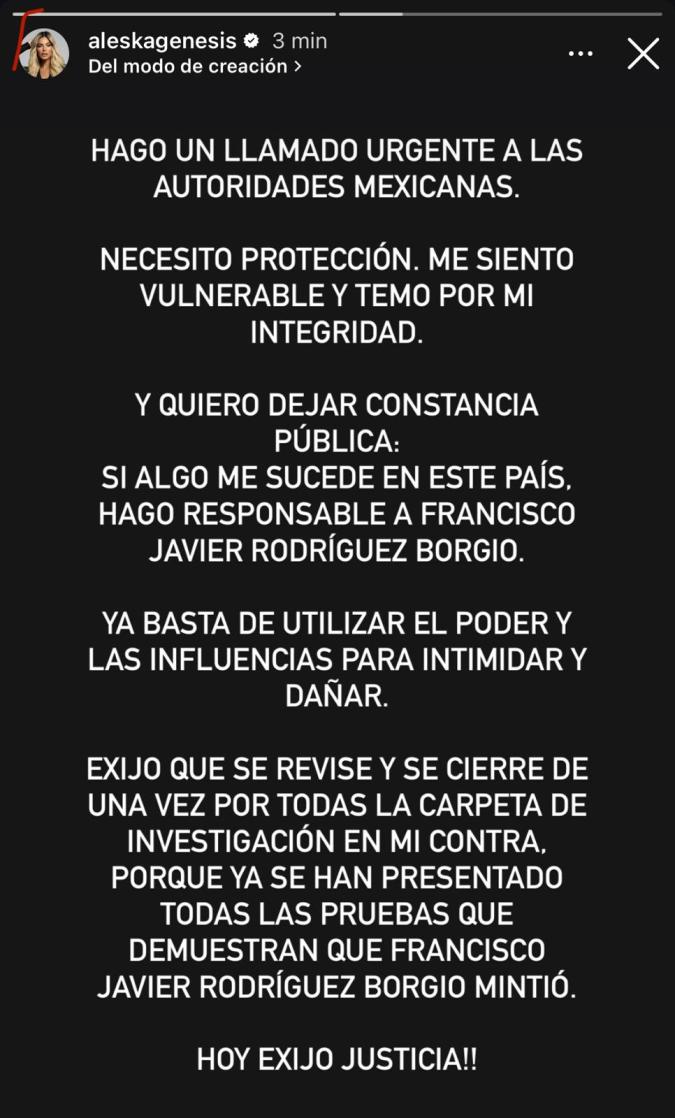 Aleska Génesis se vuelve a pronunciar por el temor que tiene de que le pueda ocurrir algo. | Instagram: @aleskagenesis.