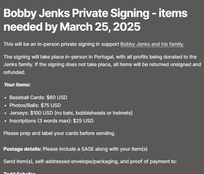 Venta de autógrafos de Bobby Jenks en Portugal. Foto: Captura de pantalla Pastpros. 