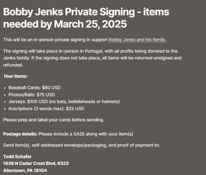 Venta de autógrafos de Bobby Jenks en Portugal. Foto: Captura de pantalla Pastpros.