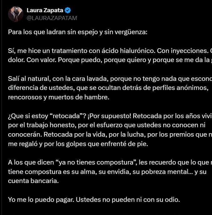 Laura Zapata rechaza que critiquen los tratamientos que se hace. | X: @laurazapatam.