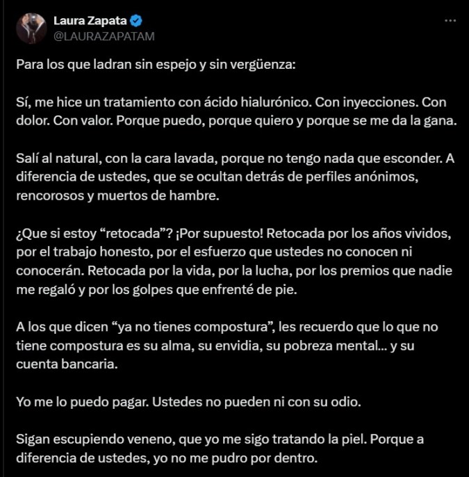 Laura Zapata rechaza que critiquen los tratamientos que se hace. | X: @laurazapatam.