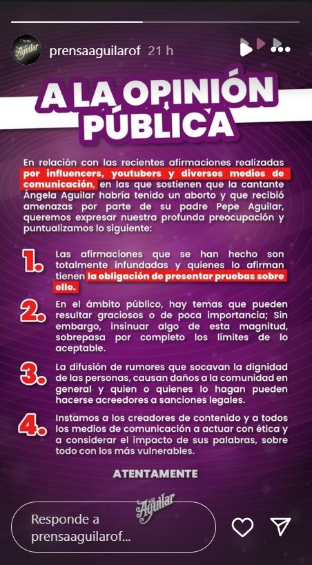 La familia Aguilar se pronunció en contra de los rumores que se han registrado en contra de Ángela. | Instagram: @prensaaguilarof.