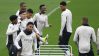 Los jugadores del Real Madrid entrenan en la víspera del partido de ida de los octavos de final de la Liga de Campeones que van a disputar frente al Atlético de Madrid.