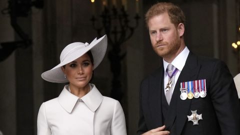 FILE - Prince Harry and Meghan Markle, Duke and Duchess of Sussex leave after a service of thanksgiving for the reign of Queen Elizabeth II at St Paul's Cathedral in London, Friday, June 3, 2022. (AP Photo/Matt Dunham, Pool, File)