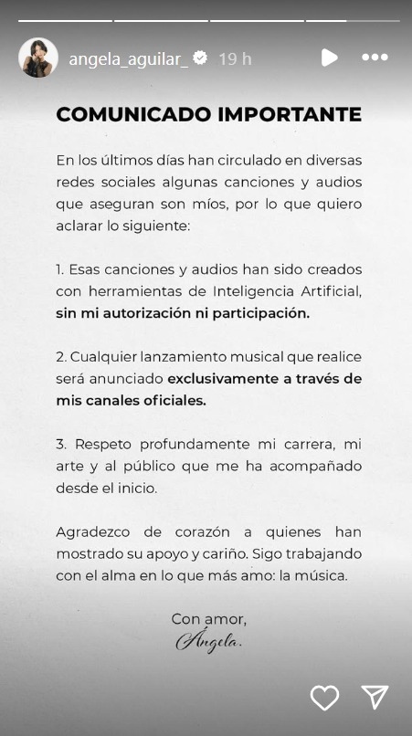 Ángela Aguilar desmiente ser ella la que interpreta los temas que se han viralizado recientemente. | Instagram: @angela_aguilar_.