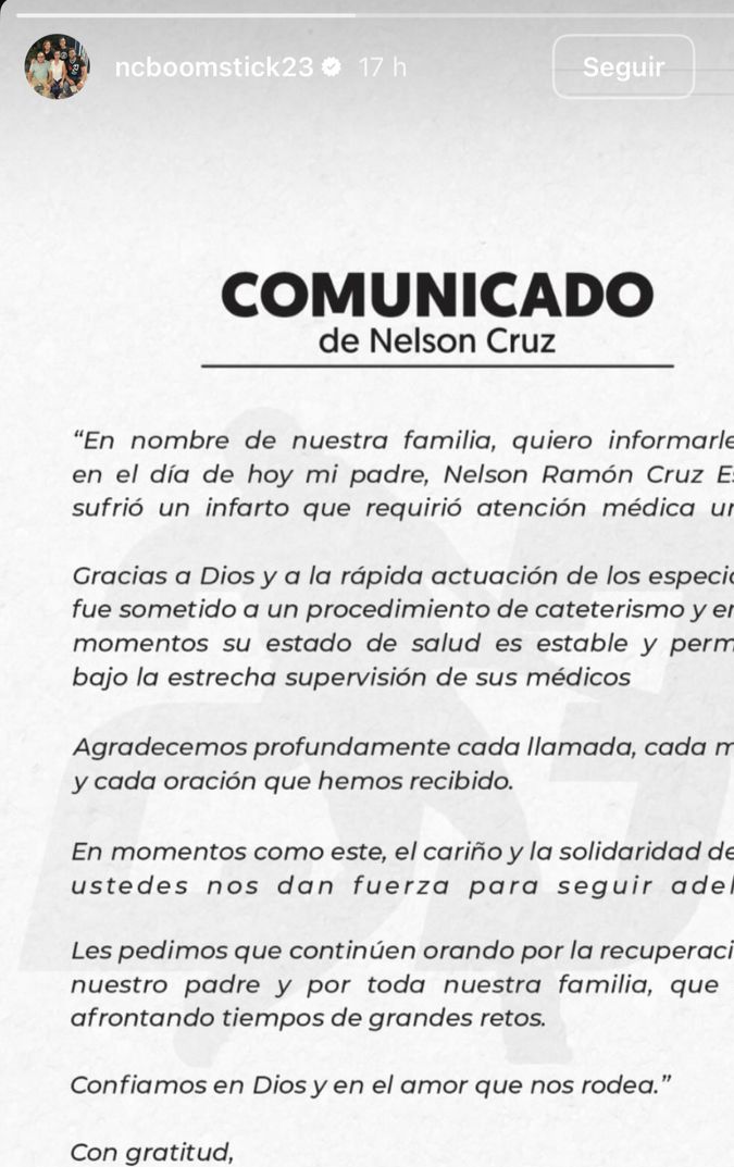 Comunicado de Nelson Cruz en sus stories de Instagram. Foto: Captura de pantalla. 