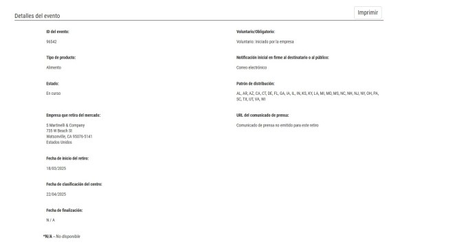 La FDA publicó en su sitio web un aviso de clasificación del retiro de jugo de manzana.