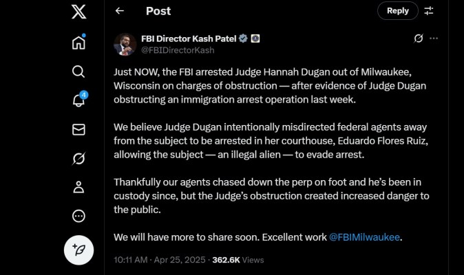 El mensaje original del director del FBI, Kash Patel, fue borrado de X.