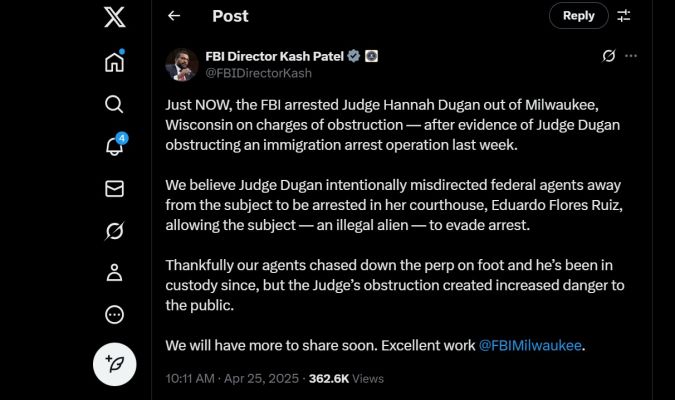 El mensaje original del director del FBI, Kash Patel, fue borrado de X.