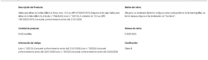 La FDA publicó un aviso de reclasificación a clase II, del retiro del las salsas.