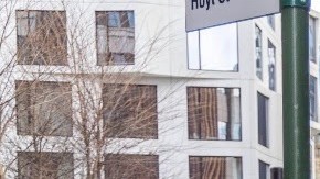 A B41 bus drops off passengers at a newly installed bus boarding island on Livingston Street.