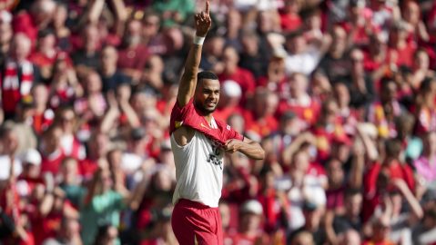 Cody Gakpo celebra tras anotarle al Tottenham.