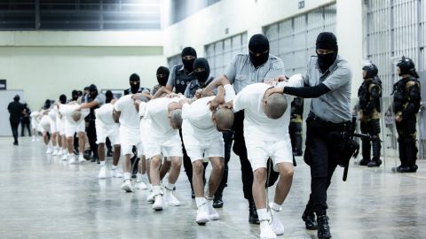 En esta foto suministrada por la oficina de la Presidencia de El Salvador, se ve a carceleros trasladando a personas deportadas por EEUU a la prisión CECOT en Tecoluca, El Salvador, el domingo 16 de marzo de 2025.