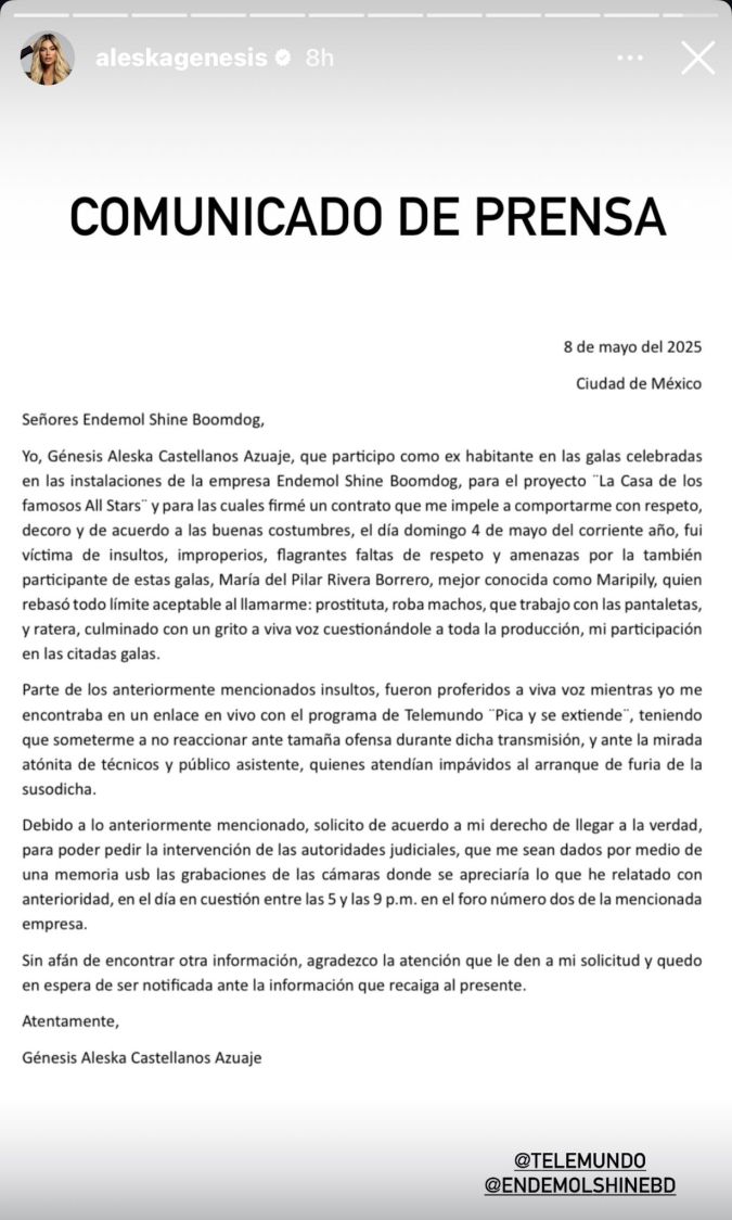 Comunicado de prensa de Aleska Génesis. / Foto Cortesía de @aleskagenesis