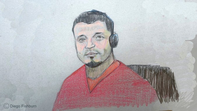 En este dibujo del tribunal aparece Kilmar Ábrego García durante su audiencia de detención, el miércoles 25 de junio de 2025, en Nashville, Tennessee.