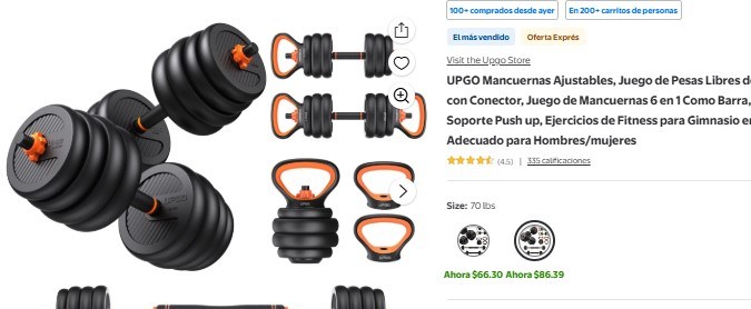 Juego de mancuernas que oferta Walmart.
