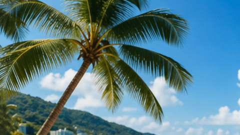 Artículos de viaje como maleta, laptop, cámara, sombrero y pasaporte frente a imágenes de playa, crucero, ciudad y carretera.